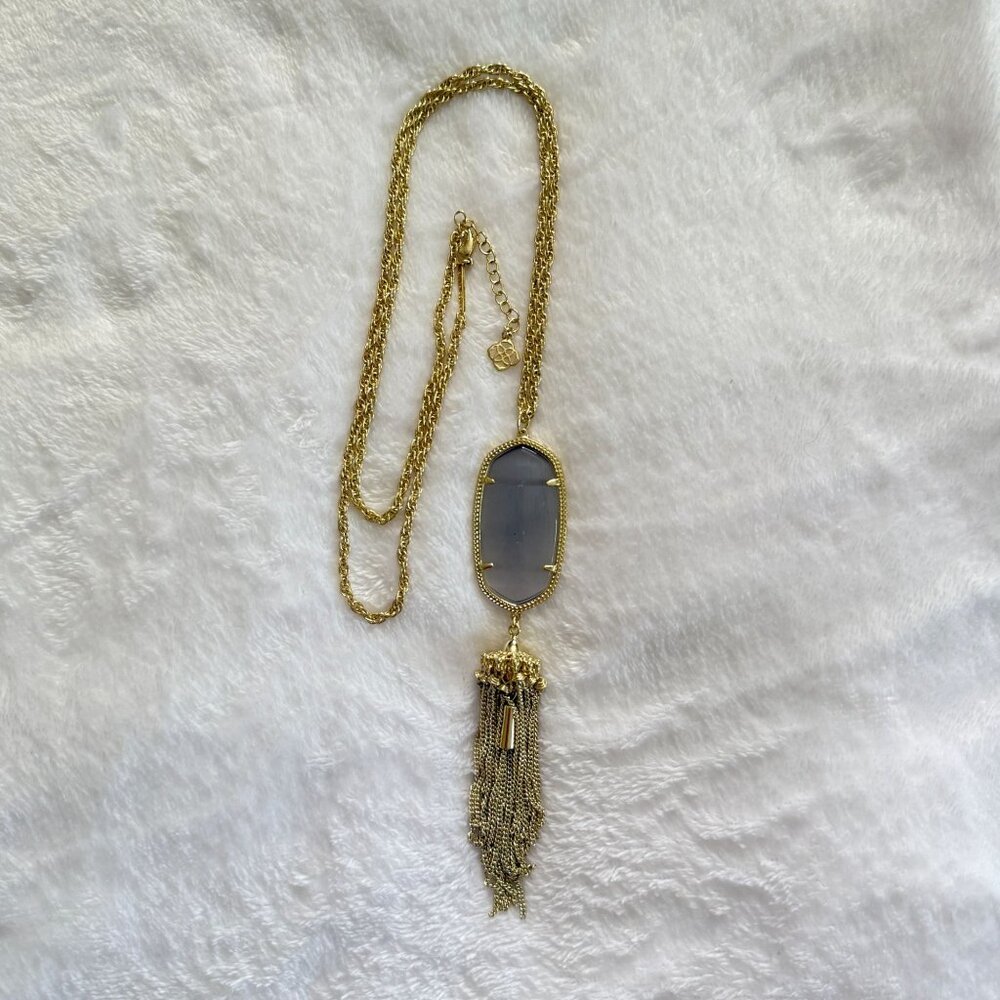 Kendra Scott Rayne Necklace 14k Gold Plated Brass Slate Cats Eye Pendant Tassel - Picture 13 of 13